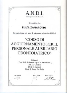 Attestato Sig.ra Luisa Zanarotto - Studio dentistico dott. Mario Vaccarone - Casale Monferrato